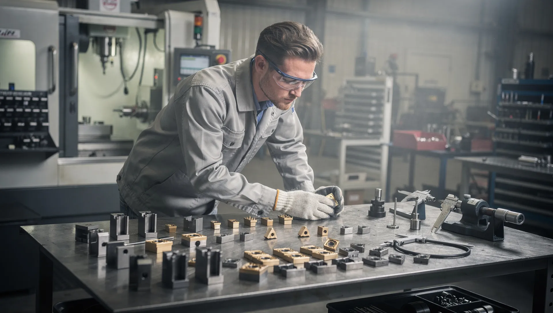 Tecnico in officina confronta inserti in carburo di tungsteno e utensili speciali per fissaggio meccanico